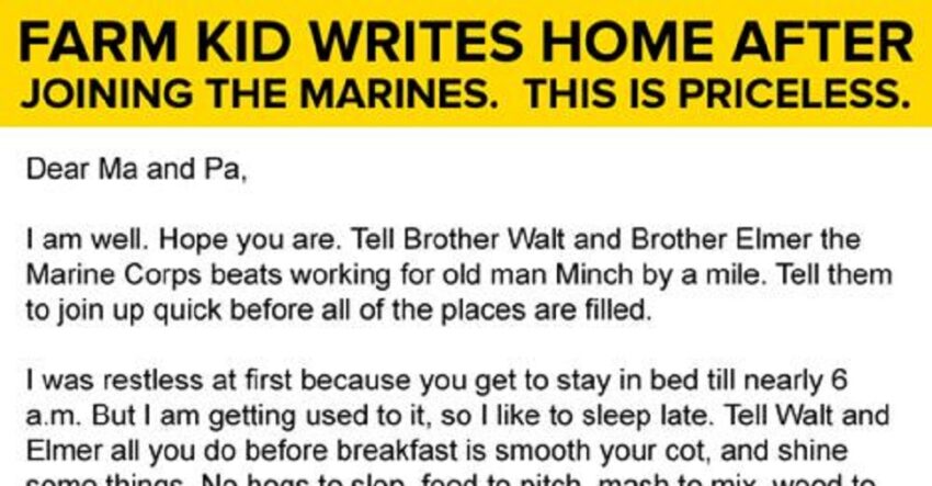 Farm Kid Writes Home After Joining The Marines. This Is Priceless.