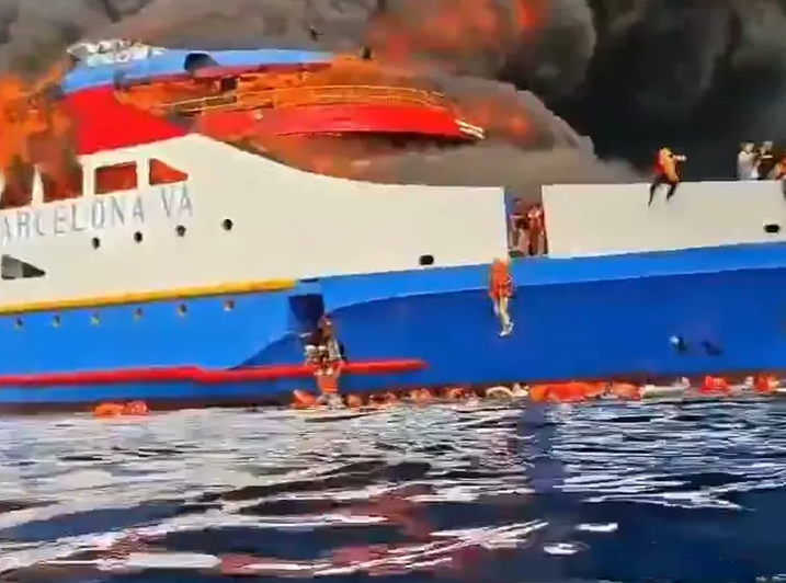 ferry erupts in flames passengers leap into ocean